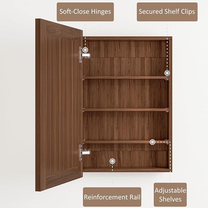 24 x 30 Inch Walnut Grain Medicine Cabinet with Mirror, Recessed or Wall-Mounted Wood Storage Cabinet for Bathroom, Adjustable Shelves, Soft-Close Hinges, Rectangle