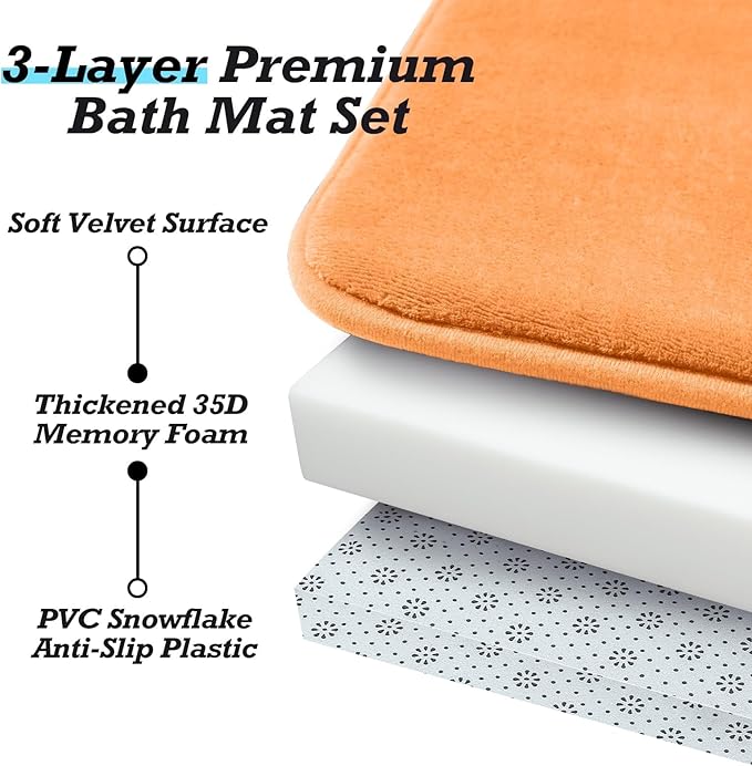 HUXMEYSON Bathroom Rugs Sets 3 Piece, Non-Slip & Quick Dry Bath Mat Set, Ultra Soft Velvet Bath Rugs for Bathroom, Toilet and Shower Floor, Orange