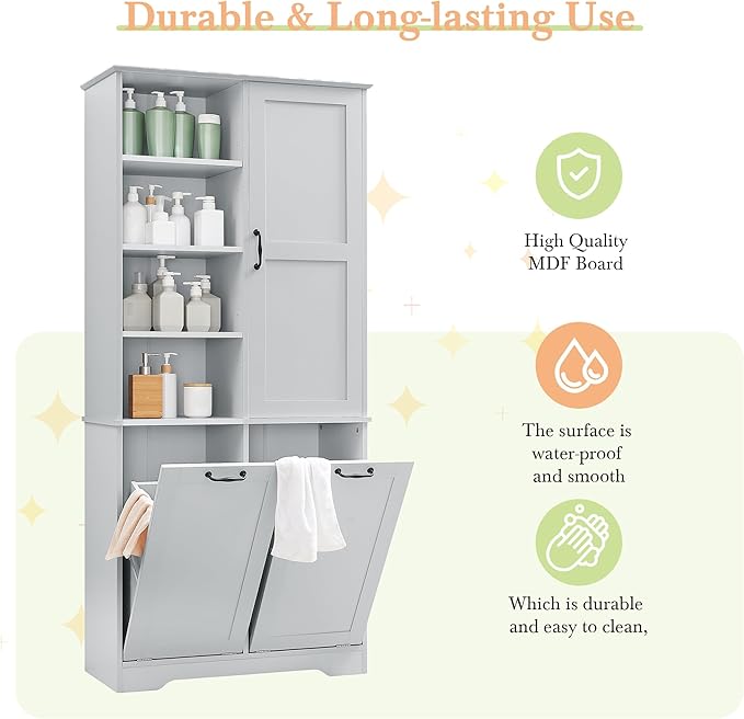 Virubi Tall Laundry Cabinet with 2 Tilt Out Laundry Hampers, Wood Bathroom Storage Cabinet with Doors and Adjustable Shelves, for Bathroom Sotrage Organization, Freestanding, Grey
