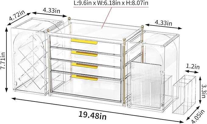 4-Tier Drawer Makeup Organizer, 3-in-1 Free Combination Cosmetic Storage with Lipstick Holder & Brush Rack, Skincare Organizer with Mini Tray for Vanity Bathroom Bedroom Dorm