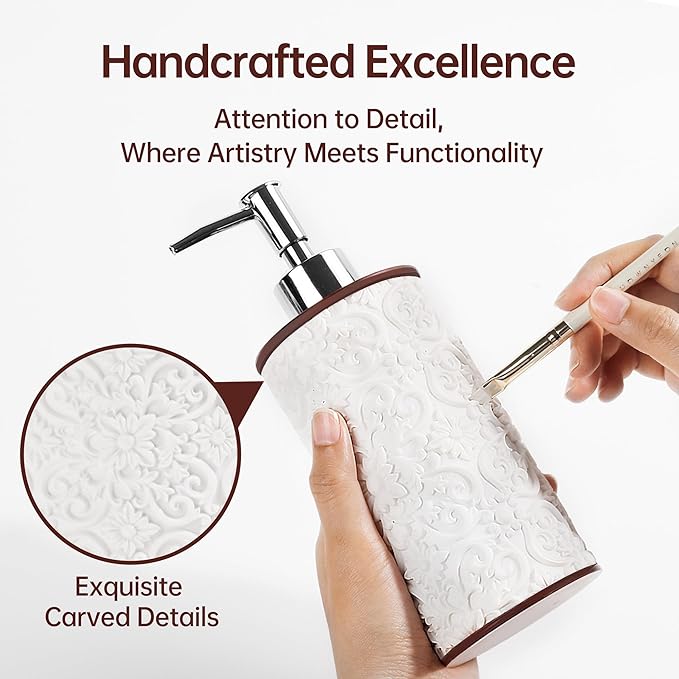 YMXYJM Bathroom Accessories Set, Elegant Handmade Floral Pattern, 5 Pcs Bathroom Accessory Set, Soap Dispenser, Toothbrush Holder, Qtip Holder, Complete Bathroom Sink Set, White