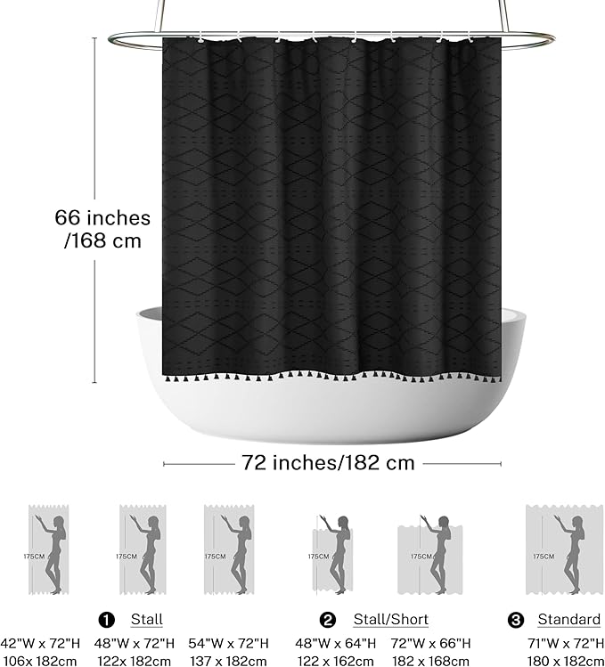 Boho Black Woven Fabric Short Shower Curtain with Tassels 72 x 66 Modern Farmhouse Minimalist Tufted Chevron Striped Shabby Chic Textured, Water Resistant Curtain for Bathroom, Hotel Decor