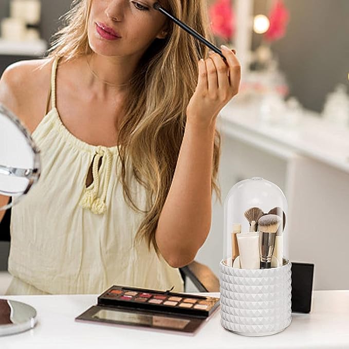 Makeup Brush Holder Organizer with Lid,360?? Rotating Dustproof Make Up Brushes Container with Clear Acrylic Cover, Spinning Cosmetics Holders Storage Cup with 5 Compartment for Vanity and Bathroom