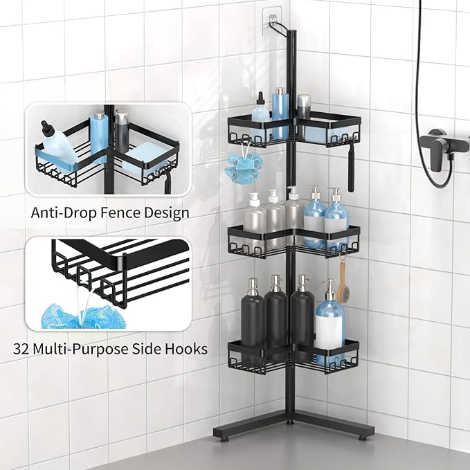 KEGII Standing Shower Caddy Corner, 3 Tier Adjustable Shelves Rustproof Floor Shower Organizer with 18 Hooks and Adjustable Feet, Bathroom Corner Shelf Rack, Black