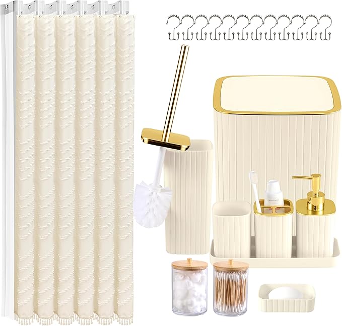 Bathroom Accessories Set-23Pcs Set, Complete Bathroom Decor, Bathroom Set with Shower Curtain & Liner Sets, Trash Can, Soap Dispenser,Modern Bath Essentials (Beige, Bath Set+Shower Curtain Set)