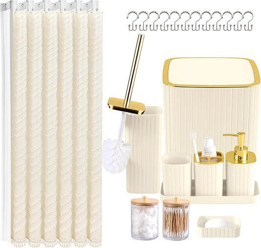 Bathroom Accessories Set-23Pcs Set, Complete Bathroom Decor, Bathroom Set with Shower Curtain & Liner Sets, Trash Can, Soap Dispenser,Modern Bath Essentials (Beige, Bath Set+Shower Curtain Set)