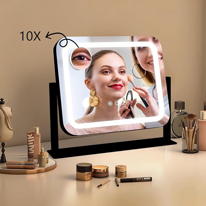 Ratsamee Black Vanity Mirror with Lights 14"×12", Led Makeup Mirror, Lighted Makeup Mirror with 3 Color Dimmable Lights, Smart Touch Screen Control, 360°Rotation