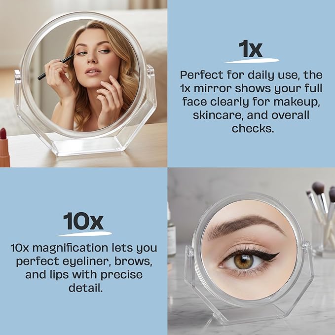 Danielle Creations Round Acrylic Vanity Mirror, Clear 1x/10x Magnifying Makeup Mirror with Soft Touch Stand, Tabletop Desk Bathroom Vanity Mirror, Portable Compact Mirror