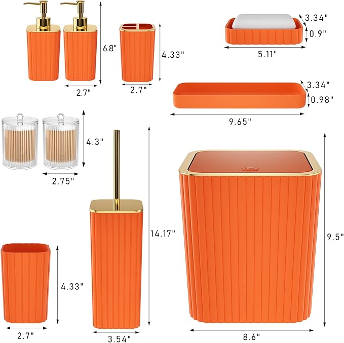 XLHOMO Bathroom Accessories Set - Gorgeous Bathroom Set, 10PC Orange Bathroom Accessory Set, Orange Bathroom Sets, Toilet Brush, Trash Can & Soap Dispenser