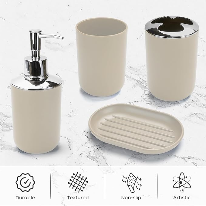 4 Pcs Beige Bathroom Accessories Set,Bohemian Bathroom Toothbrush Holder Set.Include Soap Dispenser, Soap Dish, Toothbrush Holder, Mouthwash Cup, Modern Bahtroom Decor Set
