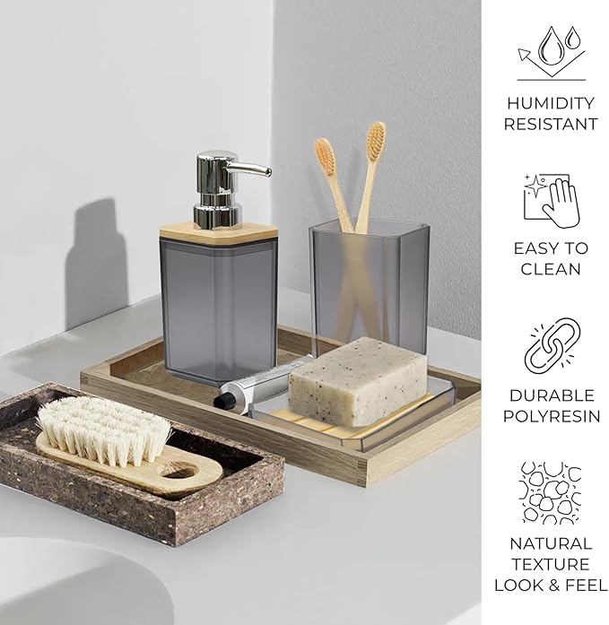 CERBIOR Bathroom Accessories Set 7 Piece Bath Ensemble Includes Soap Dispenser, Toothbrush Holder, Toothbrush Cup, Soap Dish for Decorative Countertop and Housewarming Gift (Gray)