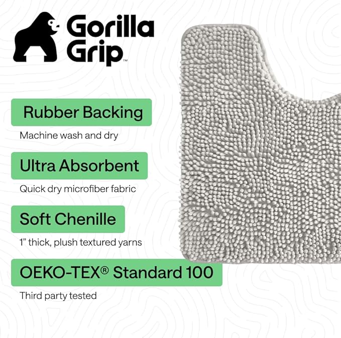 GORILLA GRIP Plush Absorbent Shaggy Chenille Bath Rug Mat for Oval Toilet Base with Rubber Backing, Machine Washable Rugs, Soft Microfiber Contour Mats for Toilets, Bathroom Decor, Lt Gray