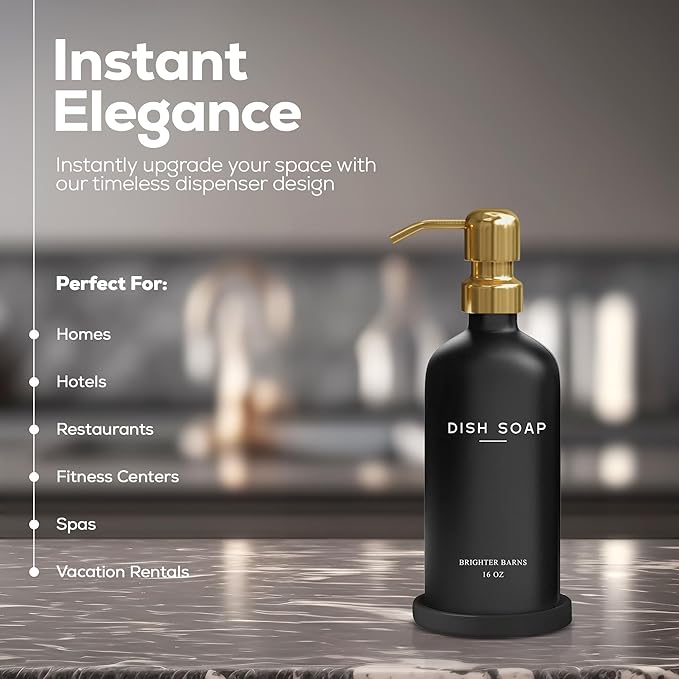 Luxury Glass Dish Soap Dispenser for Kitchen Sink by Brighter Barns - Refillable Glass Kitchen Soap Dispenser Set - Black and Gold Home Decor for Modern Airbnb, Rentals, Restaurants, Gift (Black/Gold)
