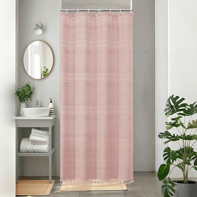 OVZME Small Stall Shower Curtain - Linen Textured Bathroom Curtain with Boho Tassel, Heavy Duty Farmhouse Bath Decor for RV Camper, Machine Washable, 36Wx72L Inches, Pink