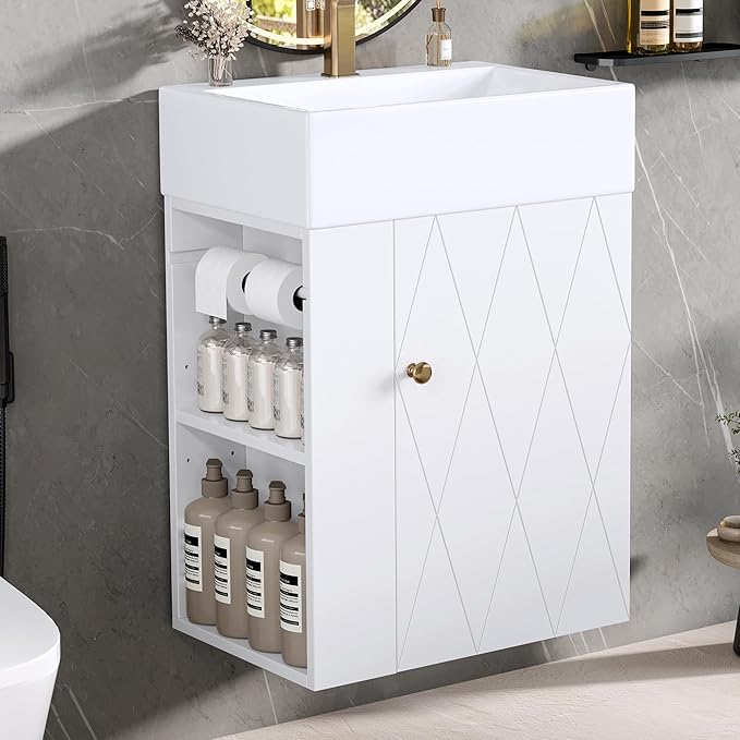 Virubi 20" Floating Bathroom Vanity with Sink, Soft Closing Door,and Storage Shelves, Solid Wood Frame & MDF Modern Single Small Bathroom Vanity Cabinet with Open Shelf,Wall Mounted (White)