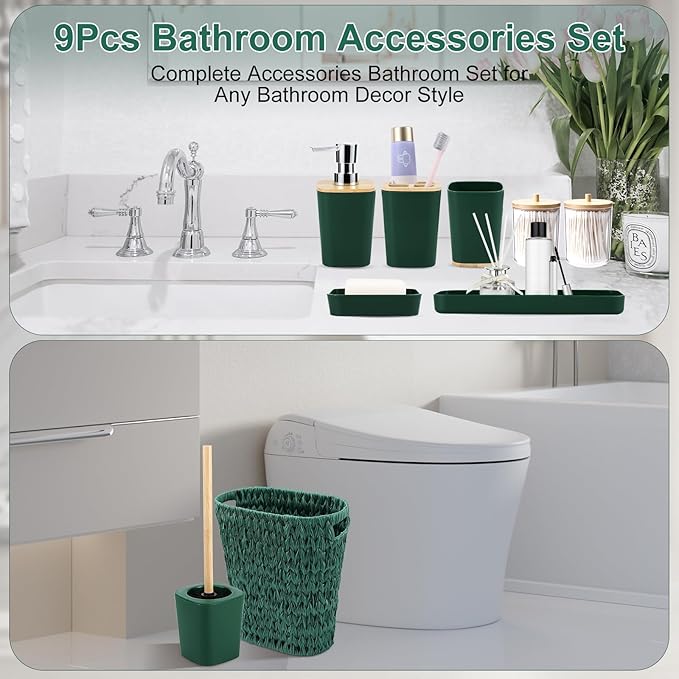XLHOMO Dark Green Bathroom Accessories Set with Wicker Trash Can, Dark Green Bathroom Accessories Set Bathroom Sets Small Waste Basket Bathroom Trash Can for Bedroom Bathroom