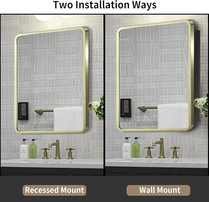 Movo Mirror Medicine Cabinet 20 Inch x 28 Inch Gold Metal Framed Bathroom Medicine Cabinet with Mirror Rectangle Recess or Surface Mount Installation