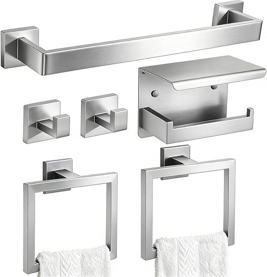 Brushed Nickel Bathroom Accessories 6-Piece, Stainless Steel Classic Bathroom Hardware Set, 16" Towel Bar, Toilet Paper Holder with Shelf, 2 Towel Rings & 2 Hooks, Wall Mounted for Bathroom Apartment