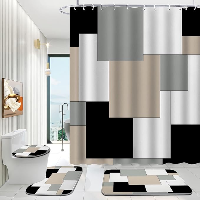 Grey Bathroom Set with Shower Curtain and Rugs, 4 Piece Geometric Set, Incl Shower Curtain with 12 Hooks, Bath Mat, U-Shaped Floor Mat, Toilet Lid Oval Rug