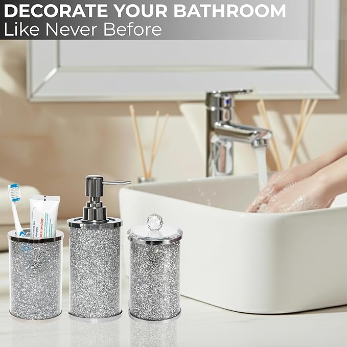 Escenzy Crushed Diamond Glass Bathroom Accessories Set 3 Pcs | Silver Crystal Soap Dispenser and Toothbrush Holder Set with Tumbler | Modern Bathroom Accessory Set and Vanity Organizer