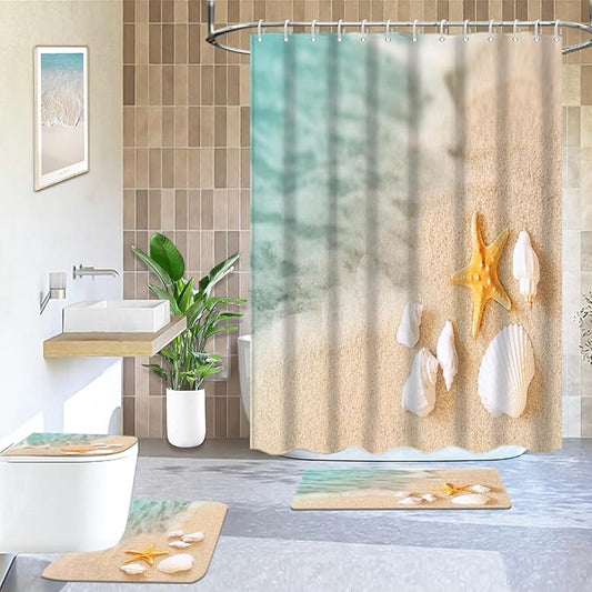 Lnond 4Pcs Summer Beach Shower Curtain Sets with Rugs, Seashore Starfish Shell Bathroom Sets with Shower Curtain and Rugs and Accessories
