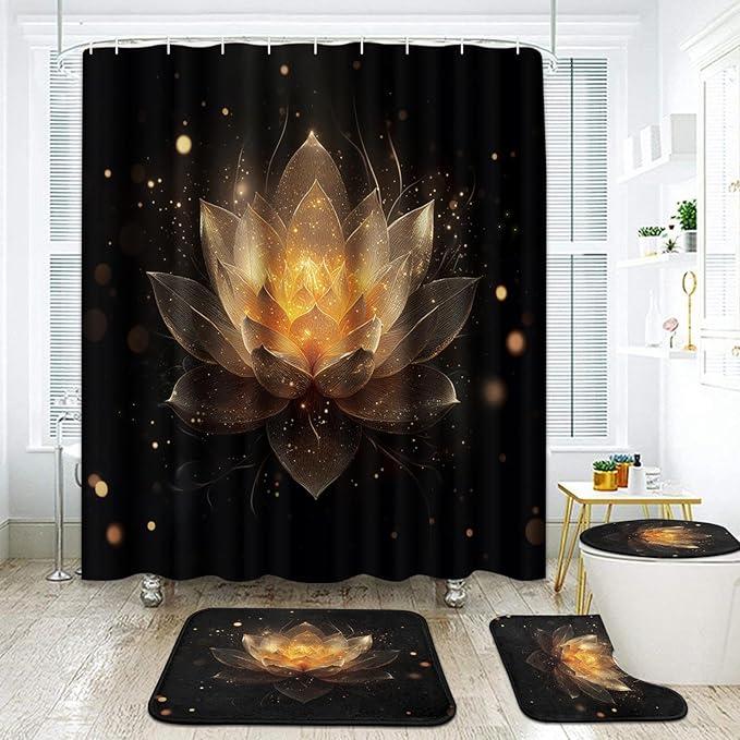 Britimes 4 Piece Shower Curtain Sets with 12 Hooks, Lotus Black and Gold Flower Spa Zen Spiritual Golden Floral with Non-Slip Rugs, Toilet Lid Cover and Bath Mat for Bathroom Decor Set 72" x 72"
