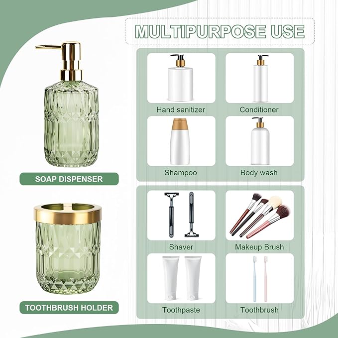 Glass Bathroom Accessories Set, 2PCS Clear Glass Bathroom Accessory, Toothbrush Holder and Soap Dispenser Set for Modern Bathroom Decor(Green)