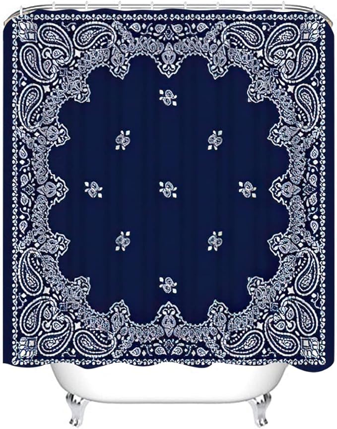 4 Piece Western Shower Curtain Waterproof White and Blue Geometric Line White Neck Scarf Kerchief Bathroom Sets with Non-Slip Rugs, Toilet Lid Cover and Bath Mat with Standard Size