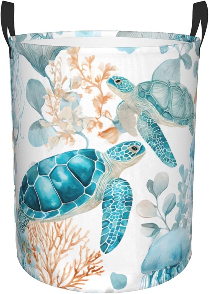 Sea Turtle Ocean Laundry Hamper, Collapsible Storage Basket with Handles for Clothes, Bedroom, Bathroom 19.6 x15.7 Inch