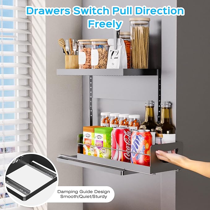 Heavy-Duty Magnetic Shelf With Pull-Out Drawers for Washing Machines, Dryers and Fridge; Height-adjustable Magnetic Shelf, Ideal for Storage in Laundry Rooms, Kitchens, and Living Rooms (Black)