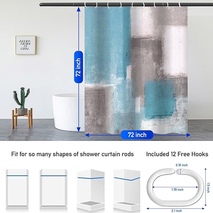 Lnond 4Pcs Bathroom Shower Curtain Sets with Rugs,Sky Blue and Grey White Abstract Painting Bathroom Sets with Shower Curtain and Rugs and Accessories