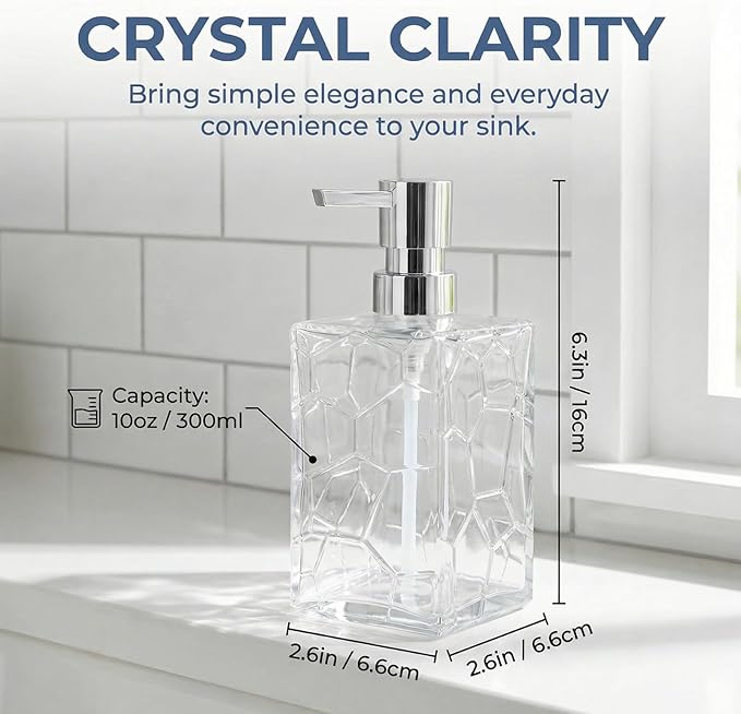 Clear Glass Soap Dispenser with Pump Geometric Texture Refillable Decorative Hand Soap Dispenser for Bathroom Kitchen Countertop