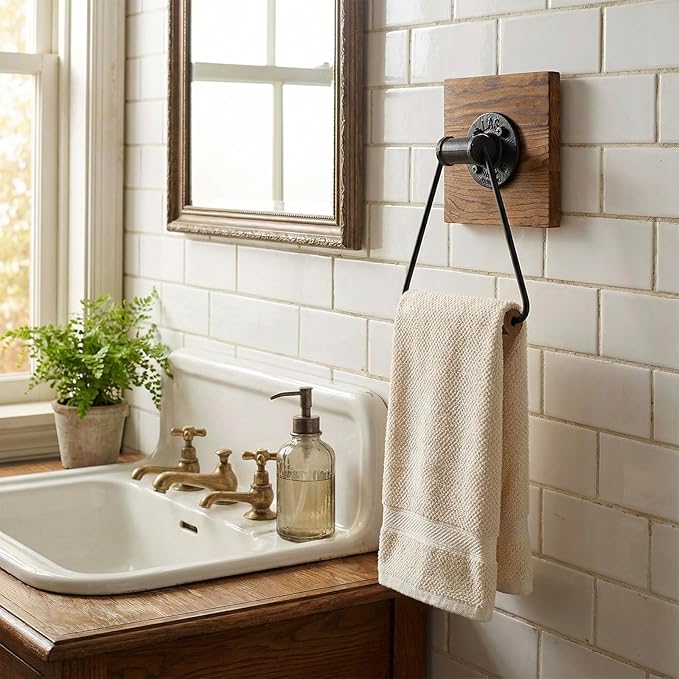 MyGift Bathroom Hand Towel Holder, Towel Rack Ring 5.5x8.7 inch for Kitchen, Laundry Room, Matte Black Industrial Metal with Rustic Solid Burnt Wood