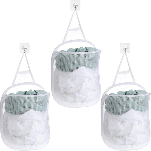 3 Pieces Hanging Laundry Hamper Laundry Bag to Hang Foldable Mesh Hamper Dirty Cloth Basket with Carry Handle Door Net for Store Cloth, Toy, Camping, Hotel Use