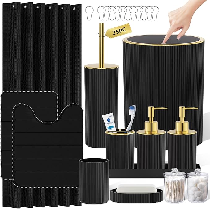 Black Gold Bathroom Accessories Set - Bathroom Sets, 25PC Bath Accessory Set, Bathroom Sets with Push Top Trash Can, Shower Curtain and Rugs, Toilet Brush, Trash Can & Soap Dispenser