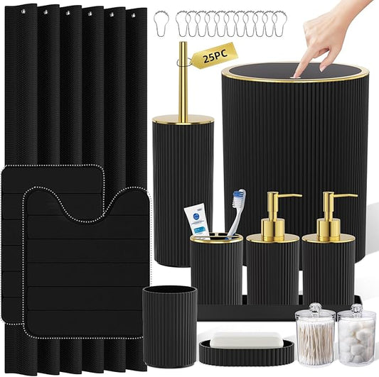 Black Gold Bathroom Accessories Set - Bathroom Sets, 25PC Bath Accessory Set, Bathroom Sets with Push Top Trash Can, Shower Curtain and Rugs, Toilet Brush, Trash Can & Soap Dispenser