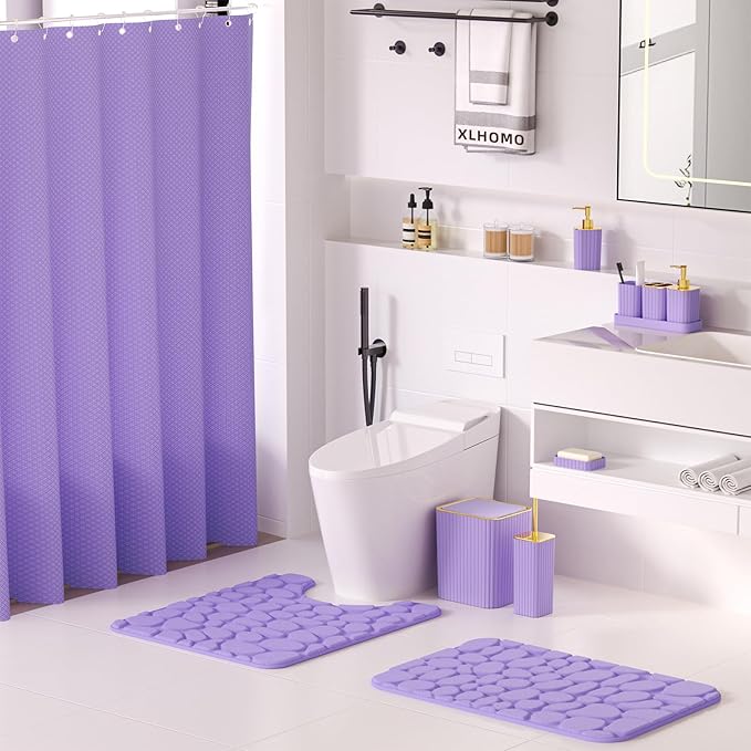 XLHOMO Bathroom Accessories Set - 25PC Bathroom Sets with Shower Curtain and Rugs, Purple Bathroom Set with Trash Can, Soap Dispenser, Soap Dish & Toilet Brush
