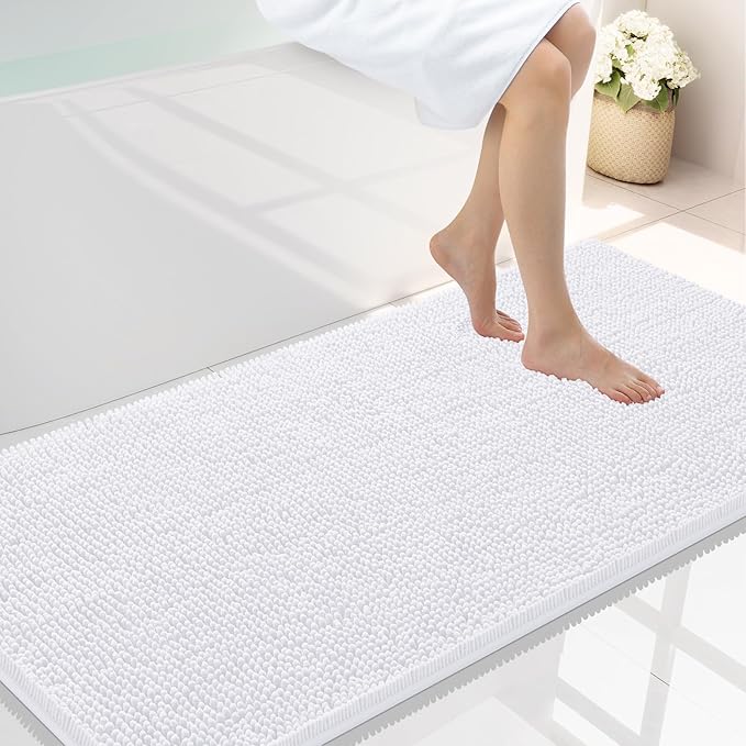 Smiry Luxury Chenille Bathroom Rugs 44x24, Extra Soft and Absorbent Shaggy Bath Mat, Machine Washable, Non-Slip Plush Carpet Runner for Tub, Shower, and Floor, Home Decor Accessories, White