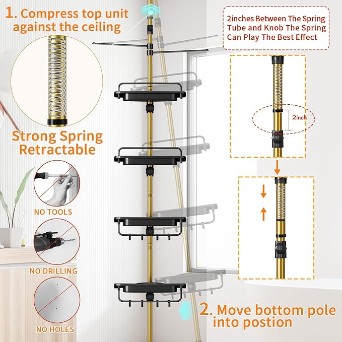 Upgrade Sturdy Shower Caddy Tension Pole Black and Gold Corner Shower Caddy 18/8 Stainless Steel Rustproof 4 Tier Adjustable Shelves for Bathtub Shampoo Accessories Storage Rack 32-122inch