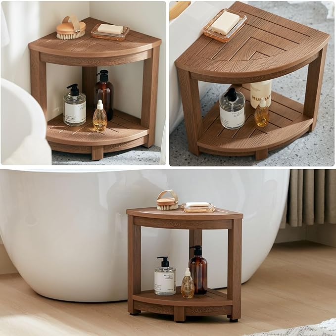 KaimuBench Corner Shower Stool for Shaving Leg, Waterproof Bathroom Shower Bench Seat for Inside Shower, Poly Lumber Plastic Shower Chair Seat, Shower Foot Rest with Adjustable Feet, Non-Slip, Brown