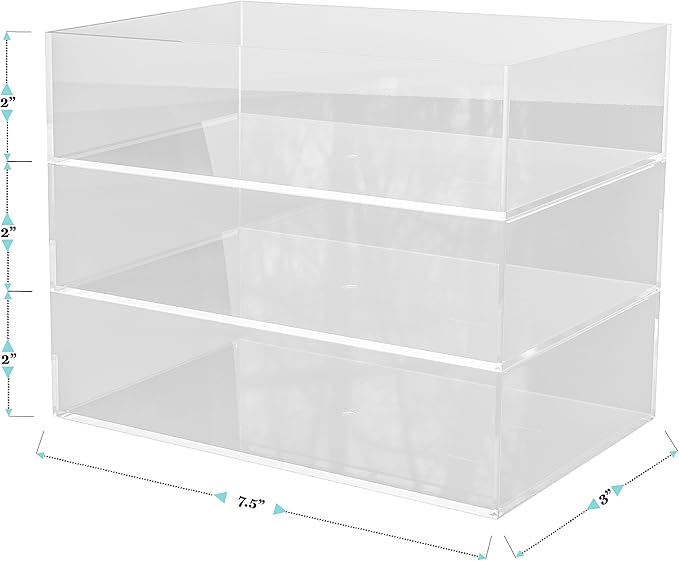 Martha Stewart Brody Desktop Storage Organizer, Stack and Slide Plastic Organizer Tray, Organizer for Office, Kitchen, or Vanity, 3" x 7.5", Clear