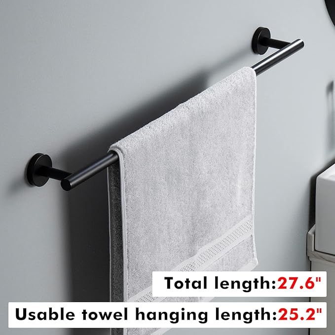 KES 25.2 Inches Black Towel Bar for Bathroom, Hand Towel Holder, Towel Bar Wall Mount, SUS304 Stainless Steel Matte Black, Total Length 27.6 Inch, A2000S70B-BK