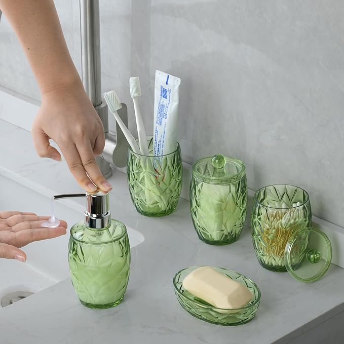 Modern Shatterproof Acrylic Olive Green Bathroom Accessories Set – 5-Piece Glass-Free Vanity Set with Soap Dispenser, Toothbrush/Makeup Brush Holder, 2 Cotton Jars with Lids, and Soap Dish