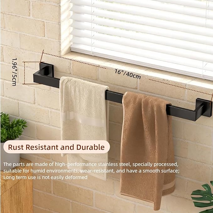 5Pcs Matte Bathroom Hardware Towel Bar Accessories Set 16 Inch Stainless Steel Bath Towel Racks with Toilet Paper Holder Shelf, for Bathroom Wall Mounted (Black)