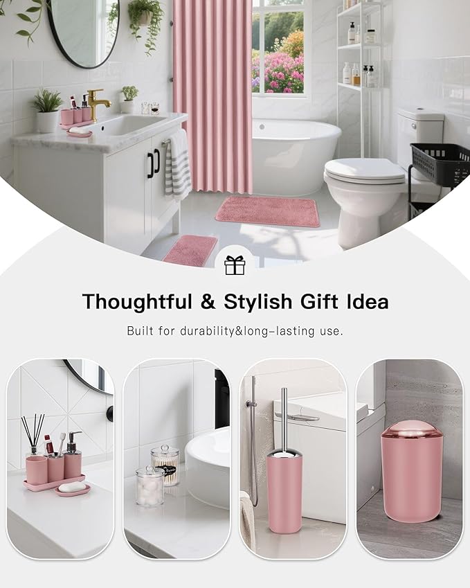 IMAVO Pink Bathroom Accessories,Non Slip Absorbent Bathroom Rugs and Waterproof Shower Curtain with Hooks,Complete Bathroom Set for Bathroom Décor