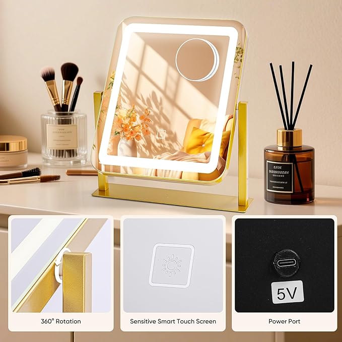 Vanity Mirror with LED Lights, 14.8x12.6 Inch Makeup Mirror, 3-Color Dimmable Touch Screen, 5X Magnification, 360° Rotation, Gold Tabletop Mirror for Bedroom Vanity