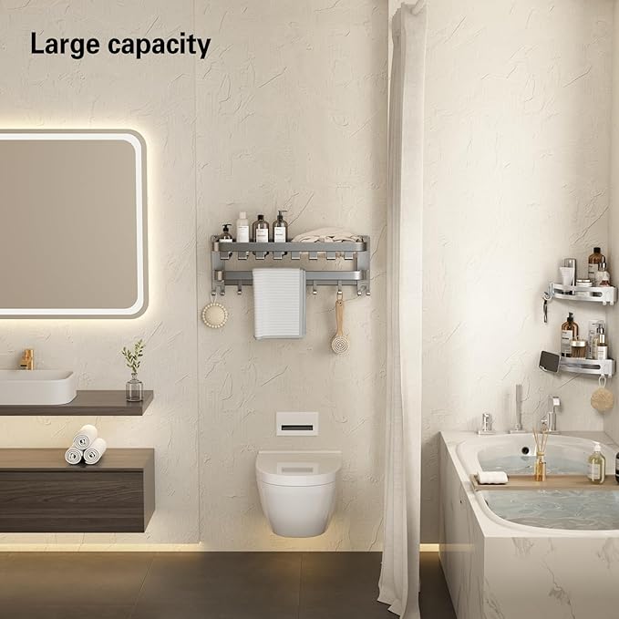 VOLPONE Bathroom Towel Rack with Double Towel Bar Foldable Towel Shelf Wall Mounted Towel Storage with Hooks No Assembly Required 24Inch Matte Grey