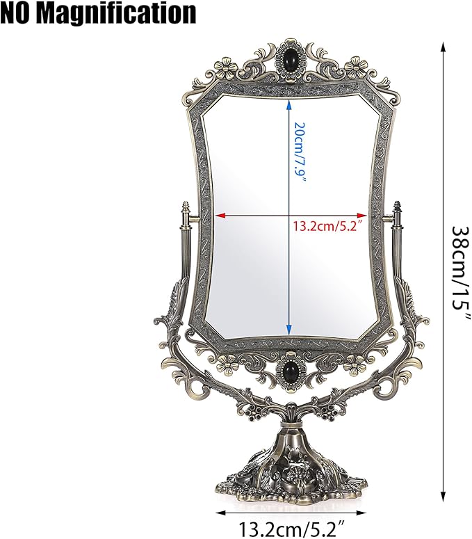 JUXYES Metal Tabletop Antique Decorative Makeup Mirror with Stand, Vintage 360° Swivel Double Sided Cosmetic Mirror with Frame, Retro Desktop Dressing Mirror Magic Mirror for Dresser