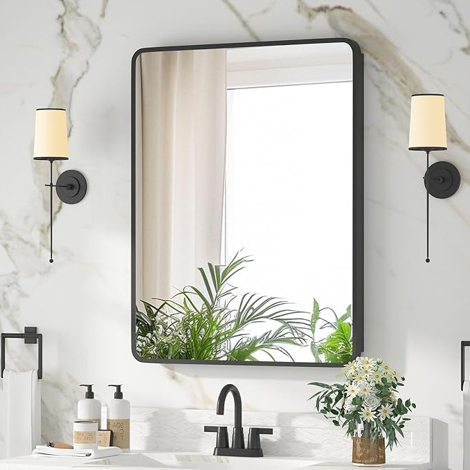 Medicine Cabinet with Mirror, 20x26 Inch Black Bathroom Mirrored Cabinet, Metal Framed Wall Cabinet with Beveled Mirror, Modern Surface Mount or Recessed Medicine Cabinet with Storage