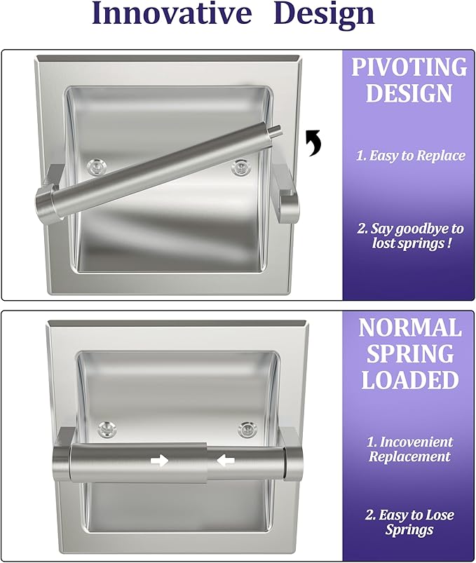 Toilet Paper Holder 2 Pack, Recessed Pivoting Toilet Paper Holder Wall Mount Stainless Steel for Large Rolls in Bathroom (Brushed Nickel)